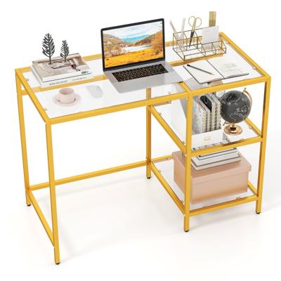 Bureau Computertafel met Gehard Glazen Blad Beschermende Glazen Standaard Metalen Frame en Ruim Werkblad-Goud