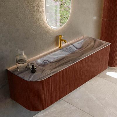 Badmeubel Mondiaz Kurve-Dlux | 145 cm | Meubelkleur Ruby | Wastafelkleur Sombra | Solid surface | Wasbak rechter zijde spoelbak | 1 kraangat