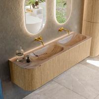 Badmeubel Mondiaz Kurve-Dlux | 165 cm | Meubelkleur Oak | Wastafelkleur Arena | Solid surface | Dubbel / Rechts spoelbak | Zonder kraangat(en)