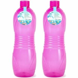 Drinkfles/waterfles/bidon - 2x - 1000 ml - transparant/roze - kunststof