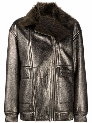 Yves Salomon veste de moto longue en cuir - Métallisé