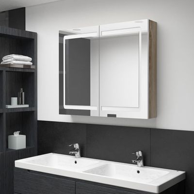 VidaXL Badkamerkast met spiegel en led 80x12x68 cm wit en eikenkleurig