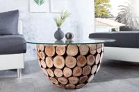 Handgemaakte salontafel PURE NATURE 70cm massief teakhout rond met glazen blad - 37442-1