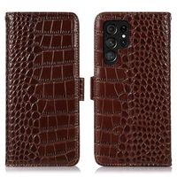 Crocodile Series Samsung Galaxy S23 Ultra 5G Wallet Leren Hoesje met RFID - Bruin - thumbnail