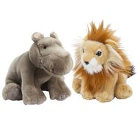 Zachte pluche knuffels 2x stuks - Leeuw en Nijlpaard van 18 cm - Knuffeldier - thumbnail