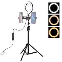 PULUZ 1.1 m statief mount + live uitzending dubbele telefoon beugel + 6 2 inch LED ring Vloggen Video Light kits