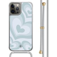 iPhone 12 (Pro) hoesje met grijs koord - Hart swirl blauw