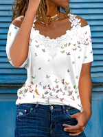 Casual V Neck Butterfly Lace Shirt - thumbnail