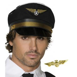 Carnaval verkleed set - pilotenpet - zwart - met een wings broche - heren/dames