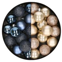 28x stuks kleine kunststof kerstballen donkerblauw en champagne 3 cm - thumbnail