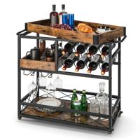 Serveerwagen met 3 Niveaus met Afneembaar Dienblad Keukentrolley met 2 Rijen Glazen Houders en 8 Wijnrekken Houten Trolley Vintage