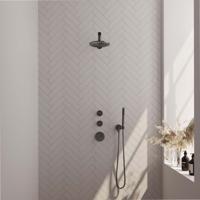 Regendoucheset Inbouw Brauer Gunmetal Carving Thermostatisch 20cm met Plafondarm, Glijstang en Handdouche 3-Standen Losse Stopkranen Geborsteld Gunmetal