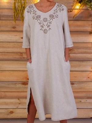 Floral V Neck Pockets Casual Midi Dress