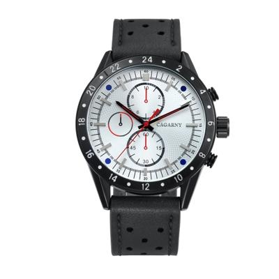 CAGARNY 6828 modieuze multifunctionele stijl Quartz horloge met leder Band & GMT tijd & kalender & goed verlicht Display voor mannen Sport (Black Wind