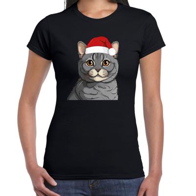 Kerst T-shirt voor dames - lichtgrijze kat/poes met kerstmuts - zwart - Kerstfeest Kerst T-shirt voor dames - lichtgrijze kat/poes met kerstmuts - zwart - Kerstfeest