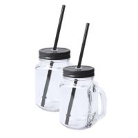 12x stuks glazen Mason Jar drinkbekers zwarte dop/rietje 500 ml