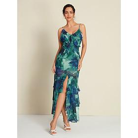 chiffon bruiloftsgast bloemen ruches split-ends mouwloze maxi-jurk