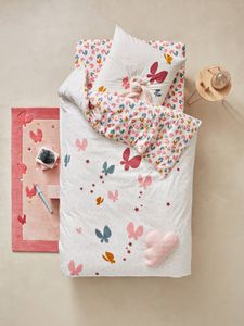 Set van dekbedovertrek + kussensloop voor kinderbed VLIEGEN MAAR roze met print