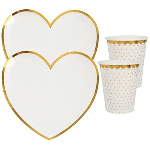 Feest wegwerp servies set - hartje - 10x bordjes / 10x bekers - wit/goud