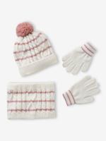 Gevlochten set voor meisjes muts + snood + wanten/handschoenen ecru
