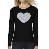 Zwart long sleeve t-shirt met zilveren hart voor dames 2XL  - - thumbnail