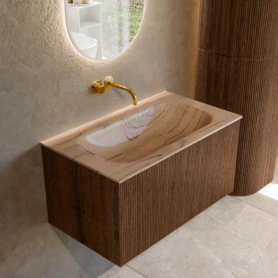 Badmeubel Mondiaz Kurve-Dlux | 80 cm | Meubelkleur Walnut | Wastafelkleur Arena | Solid surface | Wasbak midden spoelbak | Zonder kraangat(en)