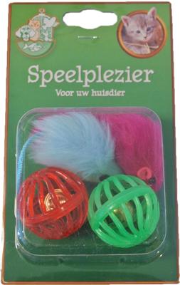 Kattenspeelgoed blisterpak 2 plastic bal en 2 bontmuis 5 cm - Gebr de boon