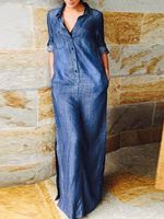 Casual Plain Lapel Collar Roll Tab Sleeve Loose Slit Maxi Shirt Dress