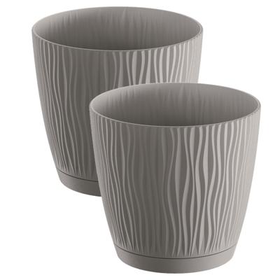 Plantenpot/bloempot Waves - 2x stuks - kunststof - steengrijs - D24 x H23 cm - binnen/buiten