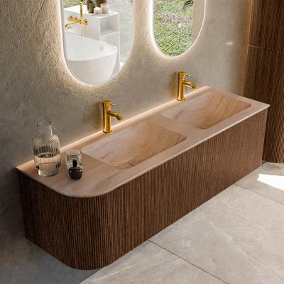 Badmeubel Mondiaz Kurve-Dlux | 145 cm | Meubelkleur Walnut | Wastafelkleur Saba | Solid surface | Dubbel / Rechts spoelbak | 2 kraangaten