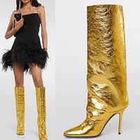 Dames Laarzen Metalen laarzen Grote maten Hak Laarzen Feest Kniehoge laarzen Winter Naaldhak Vierkante Teen minimalisme PU Leegloper Effen Kleur Zwart Wit Goud Lightinthebox