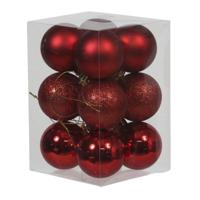 Kerstballen - 12x st - rood - D6 cm - kunststof - glans/glitter/mat - kerstversiering