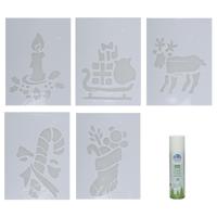 Kerst sfeer raamsjablonen met ECO spuitsneeuw - 5x stuks - 22 x 35 cm - raamdecoratie