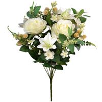 Kunstbloemen boeket rozen/lelie met bladgroen - wit - H50 cm - Bloemstuk   - - thumbnail