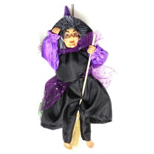 Halloween decoratie heksen pop - vliegend op bezem - 35 cm - zwart/paars