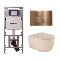 QeramiQ Dely Swirl Toiletset - 36.3x51.7cm - Geberit UP320 inbouwreservoir - met Burda frame - 35mm zitting - koperen bedieningsplaat - rechthoekige knoppen - beige 0701131/SW706197/SW1000771/SW1026259