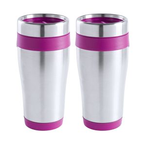 Warmhoudbeker/thermos isoleer koffiebeker/mok - 2x - RVS - zilver/roze - 450 ml