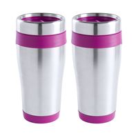 Warmhoudbeker/thermos isoleer koffiebeker/mok - 2x - RVS - zilver/roze - 450 ml - thumbnail