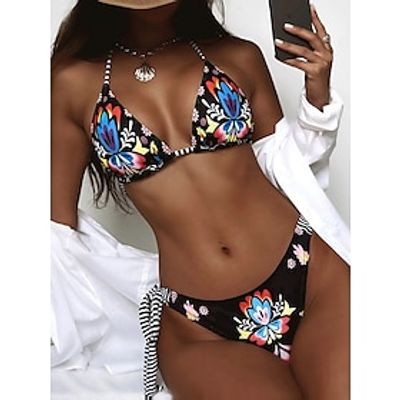 Dames Zwemkleding Bikini 2 stuks Normaal Zwempak Bloemig Blote rug Opdrukken Snaar Zwart V-Wire Halster Badpakken Vakantie Sexy nieuw