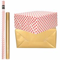 4x Rollen kraft inpakpapier liefde/rode hartjes pakket - mat goud 200 x 70/50 cm - Cadeaupapier - thumbnail