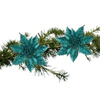 2x stuks kerstboom bloemen op clip emerald groen glitter 15 cm - Kersthangers - thumbnail