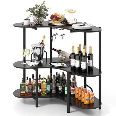 3 Niveaus Keuken Bartafel met Glazenhouder & Metalen Frame Huisbar Keukentafel Minibar Zwart