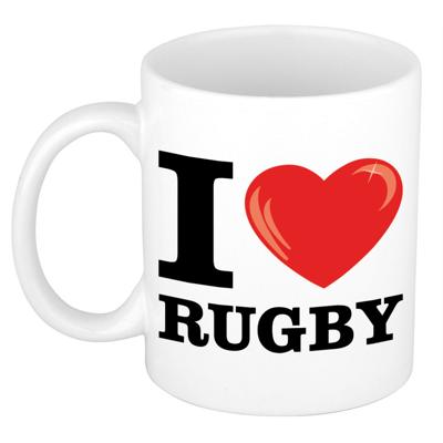 I love rugby - koffiemok - sport beker - met rood hartje - 300 ml - keramiek - cadeau