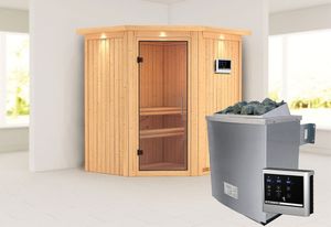 Karibu | Lilja Sauna met Dakkraag | Antracietglas | Kachel 3,6 kW Geïntegreerde Bediening