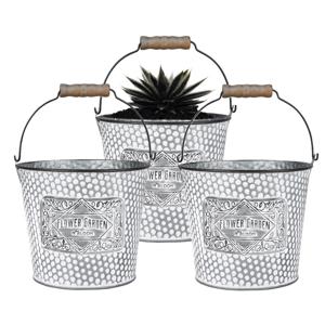 Plantenpot/bloempot emmer voor buiten - 3x - zink - zilver - D17 x H14 cm