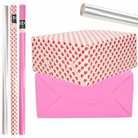 6x Rollen kraft inpakpapier transparante folie/hartjes pakket - roze/harten design 200 x 70 cm - Cadeaupapier - thumbnail