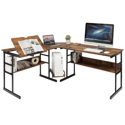 L-Vormig Bureau Hoekbureau van Hout met Kantelbaar Tafelblad Onderste Boekenkast en CPU-Standaard Tekentafel Computertafel (Bruin)