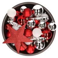 33x stuks kunststof kerstballen met piek 5-6-8 cm rood/wit/zilver incl. haakjes - thumbnail
