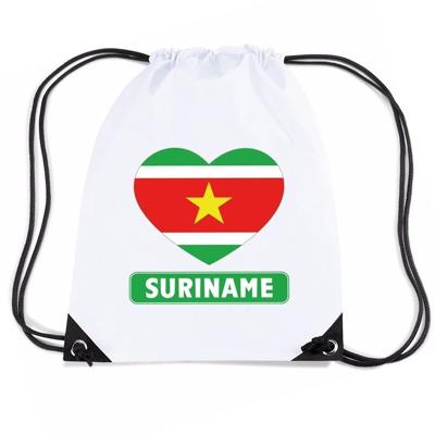 Suriname thema sporttas - nylon rijgkoord rugzak - wit met hartjes vlag print - supporters
