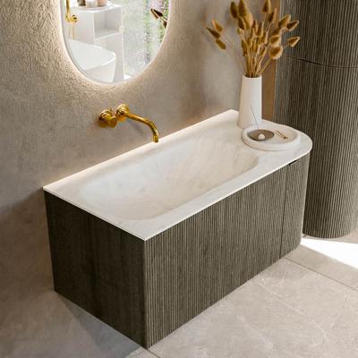 Badmeubel Mondiaz Kurve-Dlux | 95 cm cm | Meubelkleur Shadow | Wastafelkleur Opalo | Solid surface | Wasbak links zijde spoelbak | Zonder kraangat(en)
